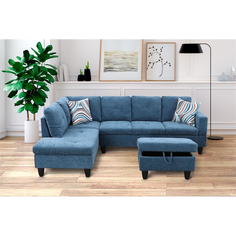 Starhome L Shaped Blue Couch with Ottoman(Pillows Included) Microfiber