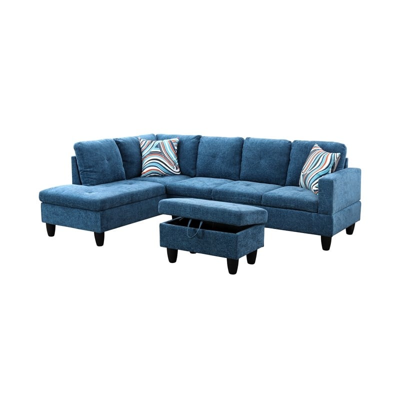 Starhome L Shaped Blue Couch with Ottoman(Pillows Included) Microfiber