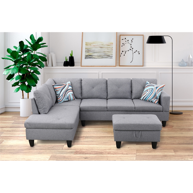 Starhome L Shaped Gray Couch with Ottoman(Pillows Included) Microfiber