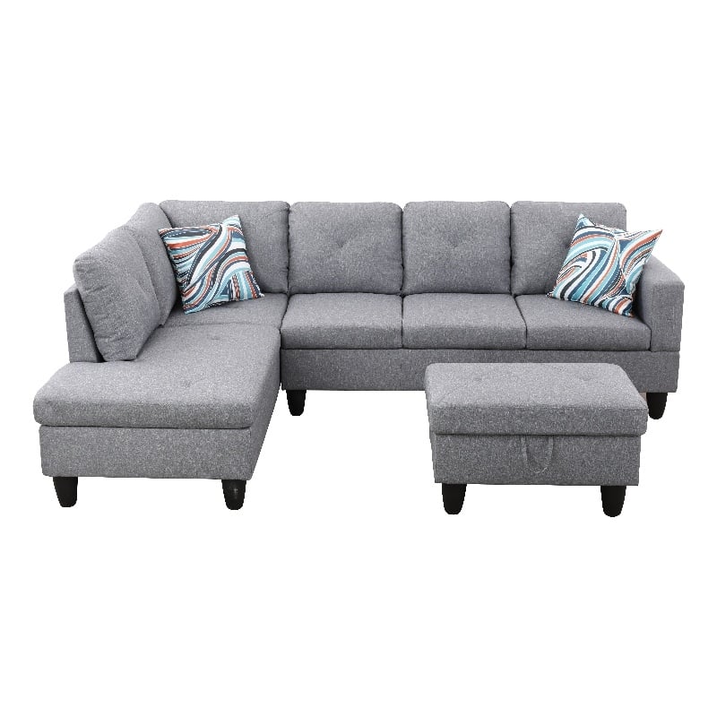 Starhome L Shaped Gray Couch with Ottoman(Pillows Included) Microfiber