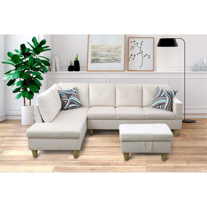 Starhome L Shaped White Couch with Ottoman(Pillows Included) Microfiber