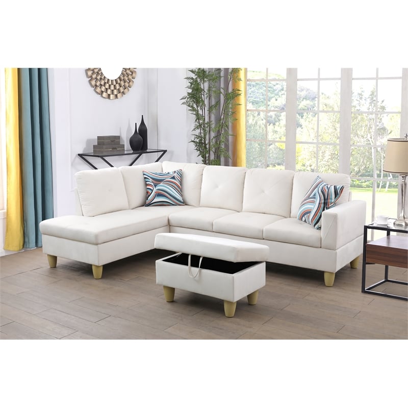 Starhome L Shaped White Couch with Ottoman(Pillows Included) Microfiber