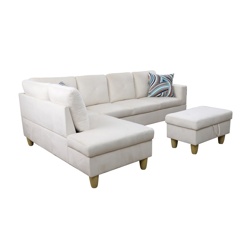 Starhome L Shaped White Couch with Ottoman(Pillows Included) Microfiber