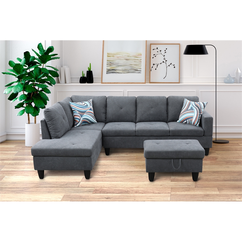 Starhome L Shaped Dark Gray Couch with Ottoman(Pillows Included) Microfiber