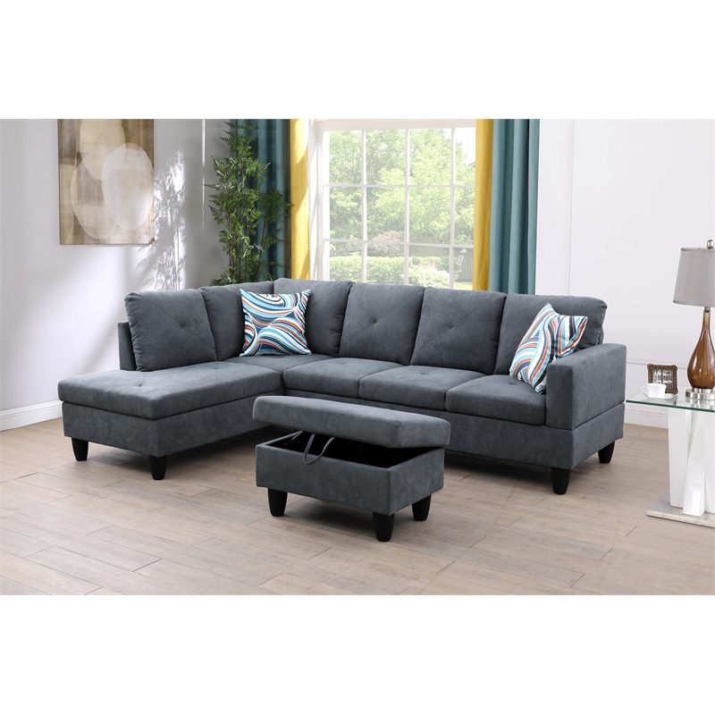 Starhome L Shaped Dark Gray Couch with Ottoman(Pillows Included) Microfiber