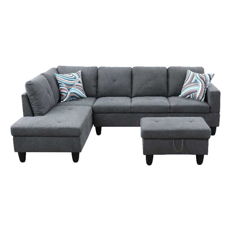Starhome L Shaped Dark Gray Couch with Ottoman(Pillows Included) Microfiber
