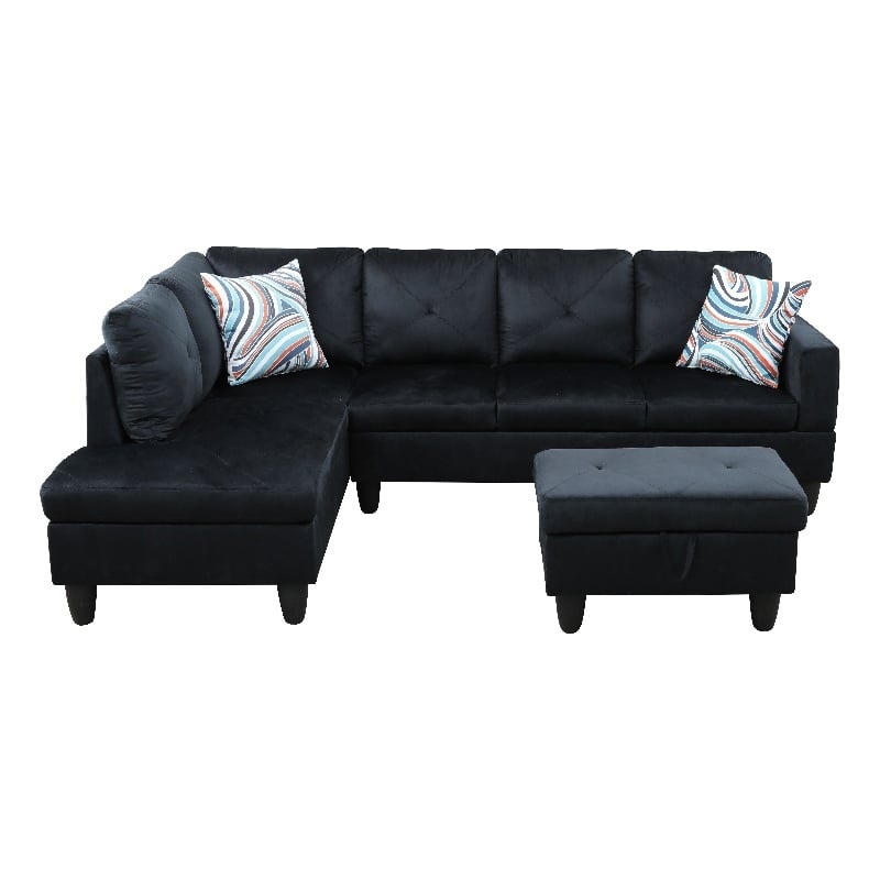 Starhome L Shaped Black Couch with Ottoman(Pillows Included) Microfiber