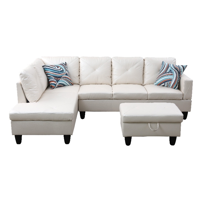 Starhome L Shaped White Couch with Ottoman(Pillows Included) Microfiber