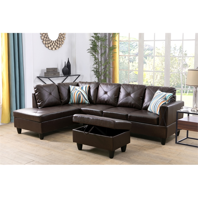 Starhome L Shaped Brown Couch with Ottoman(Pillows Included) Microfiber