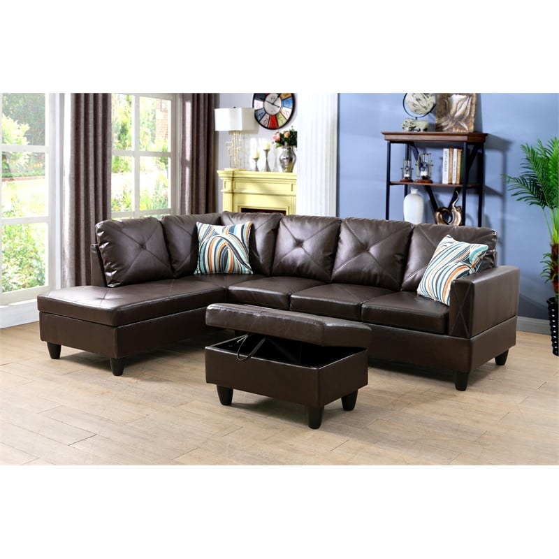 Starhome L Shaped Brown Couch with Ottoman(Pillows Included) Microfiber