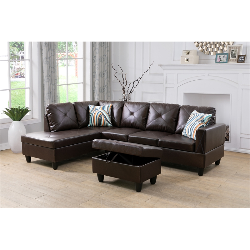Starhome L Shaped Brown Couch with Ottoman(Pillows Included) Microfiber