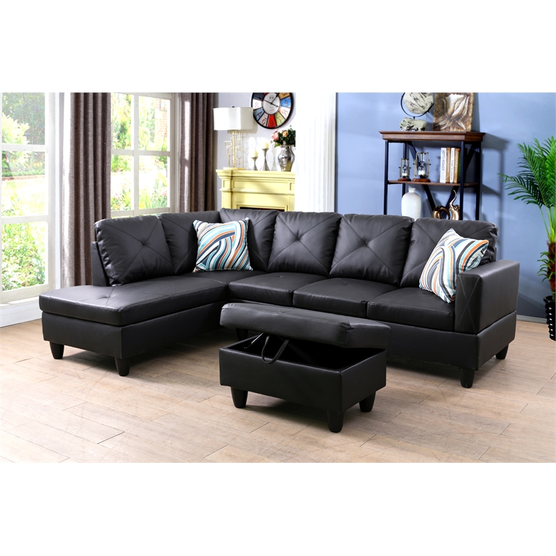Starhome L Shaped Black Couch with Ottoman(Pillows Included) Microfiber