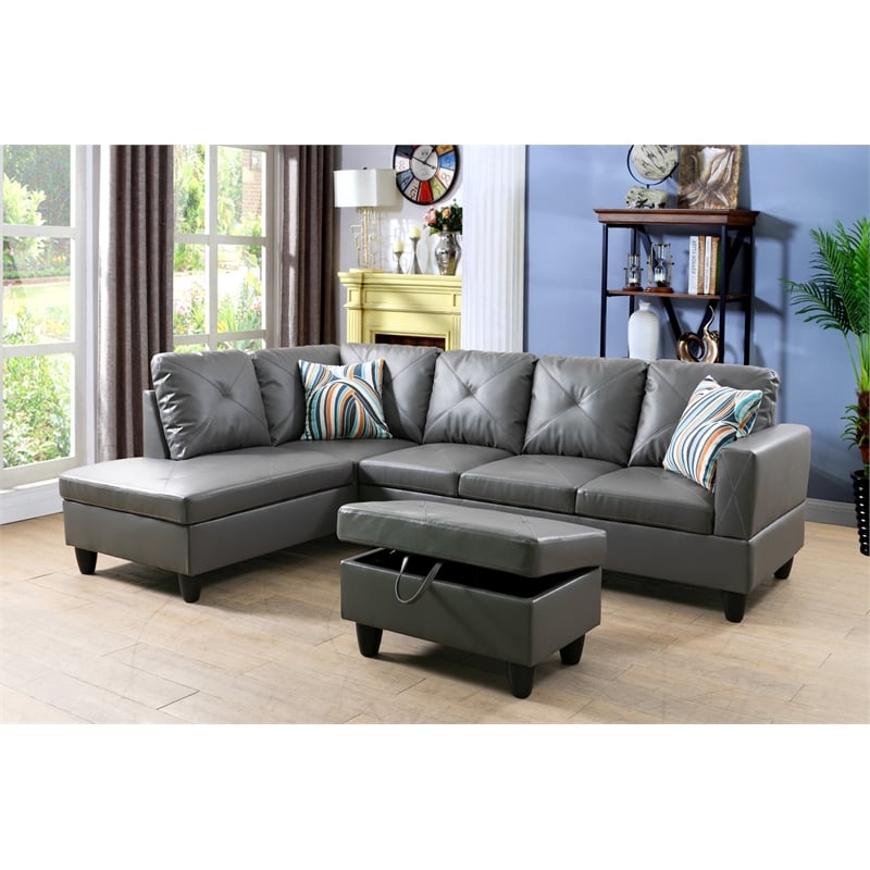 Starhome L Shaped Gray Couch with Ottoman(Pillows Included) Microfiber