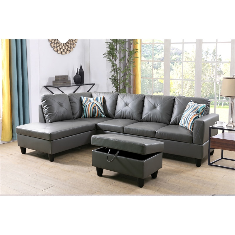 Starhome L Shaped Gray Couch with Ottoman(Pillows Included) Microfiber