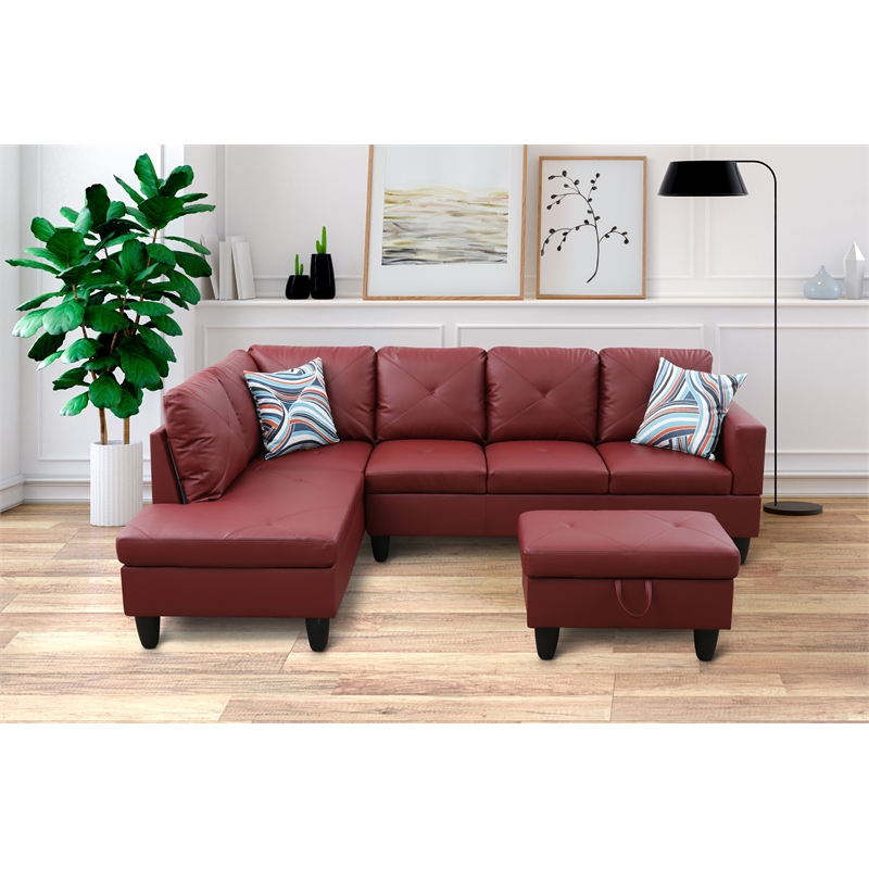 Starhome L Shaped Red Couch with Storage Ottoman(Pillows Included) Microfiber
