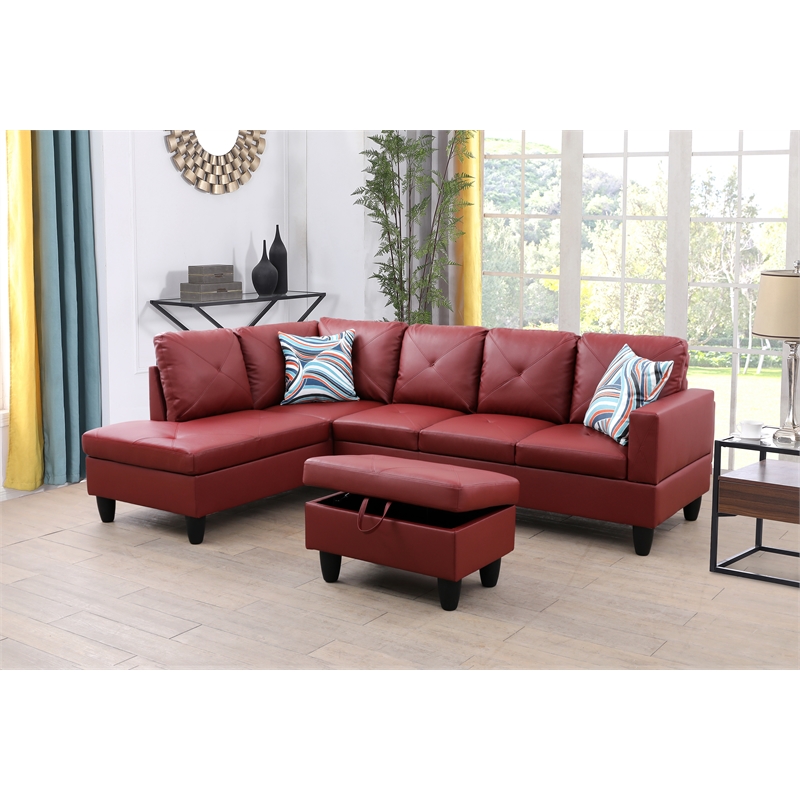 Starhome L Shaped Red Couch with Storage Ottoman(Pillows Included) Microfiber