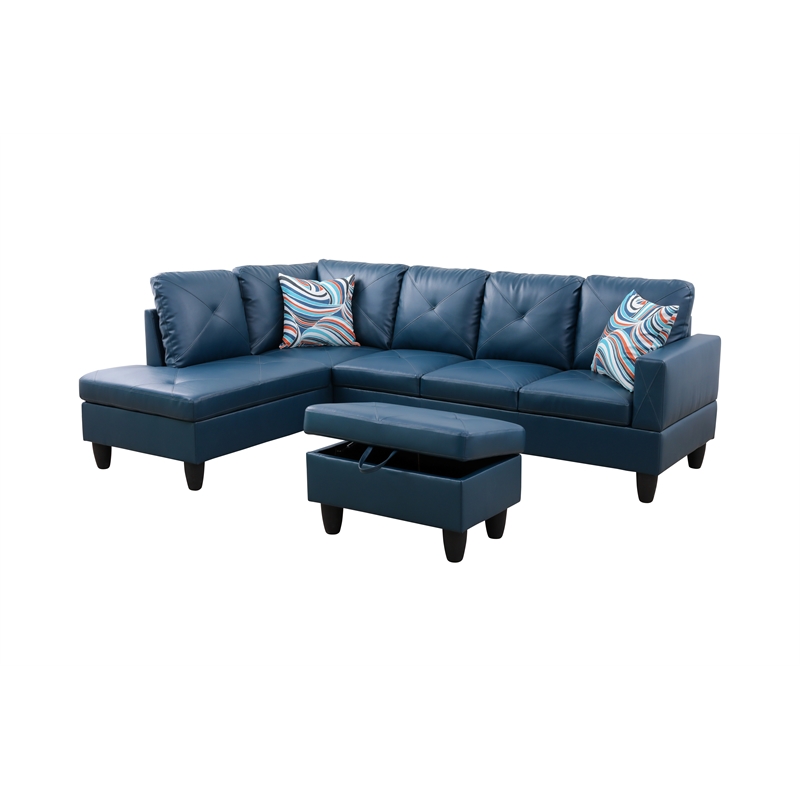 Starhome L Shaped Denim Couch with Storage Ottoman(Pillows Included) Microfiber