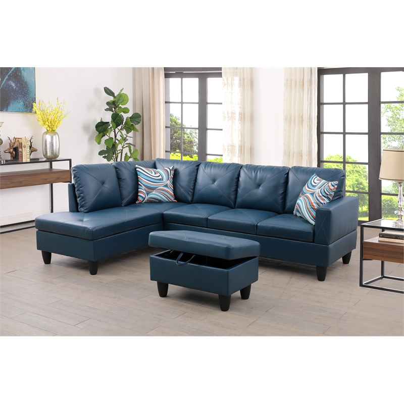 Starhome L Shaped Denim Couch with Storage Ottoman(Pillows Included) Microfiber