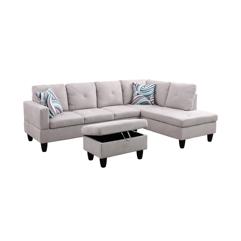 Starhome L Shaped Gray Couch with Storage Ottoman(Pillows Included) Microfiber