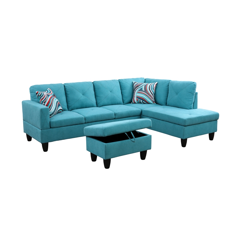 Starhome L Shaped Green Couch with Storage Ottoman(Pillows Included) Microfiber