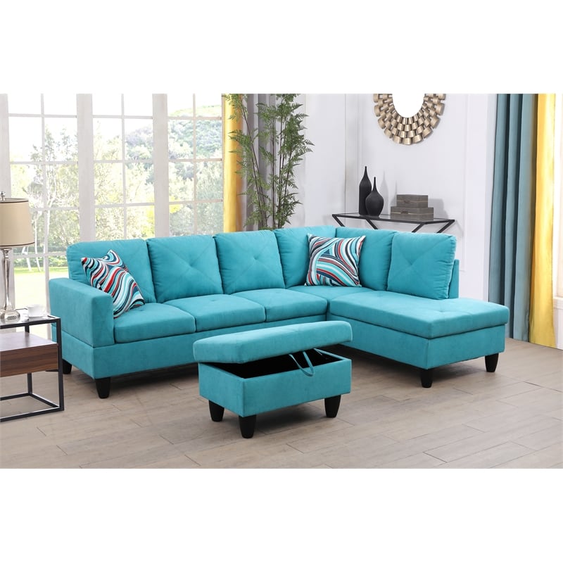 Starhome L Shaped Green Couch with Storage Ottoman(Pillows Included) Microfiber