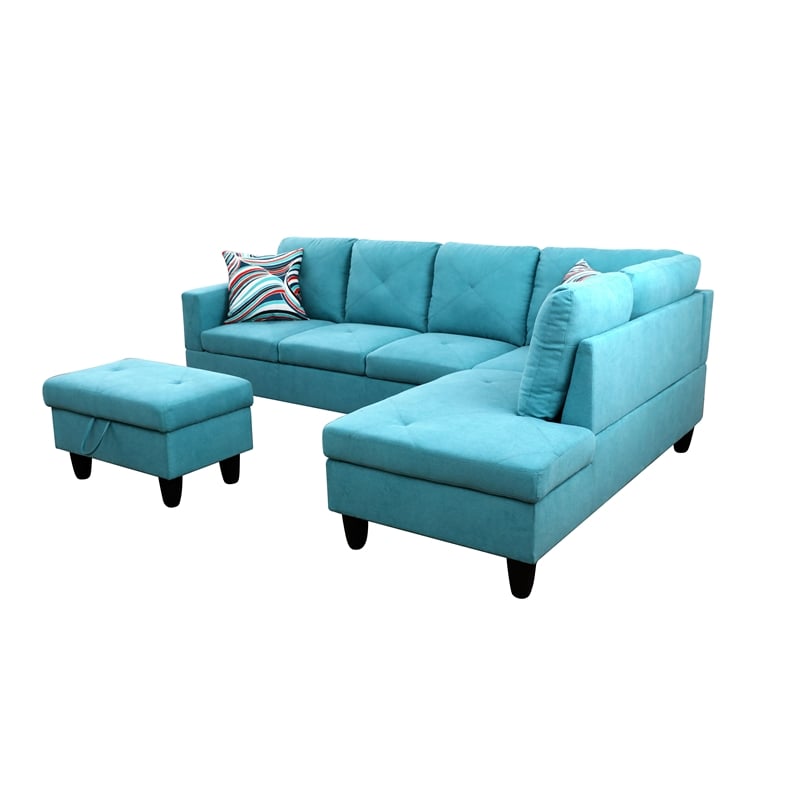 Starhome L Shaped Green Couch with Storage Ottoman(Pillows Included) Microfiber