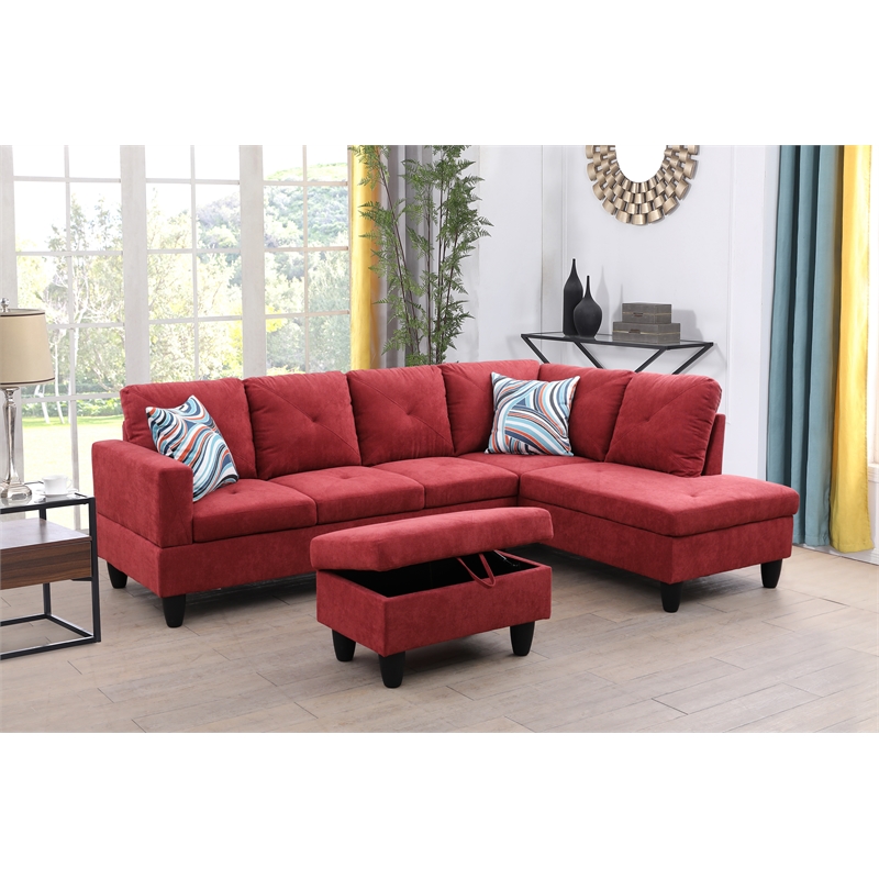 Starhome L Shaped Red Couch with Storage Ottoman(Pillows Included) Microfiber