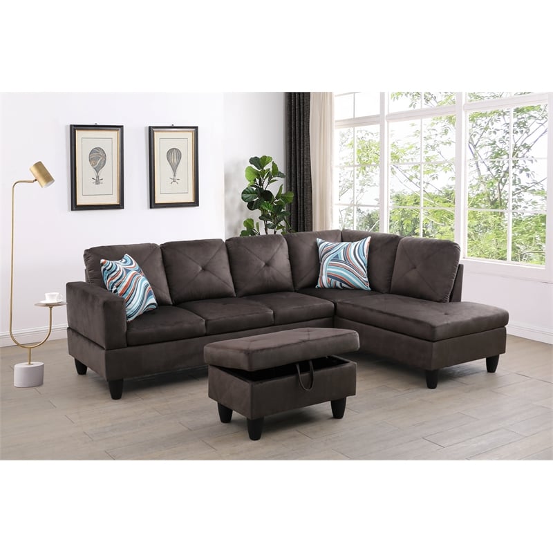 Starhome L Shaped Chocolate Couch with Ottoman(Pillows Included) Microfiber