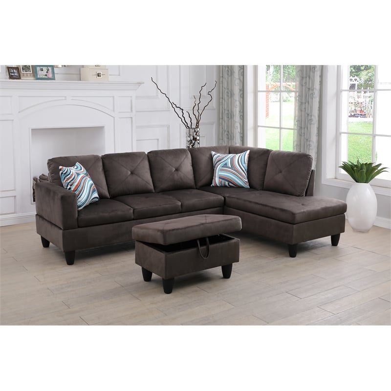 Starhome L Shaped Chocolate Couch with Ottoman(Pillows Included) Microfiber