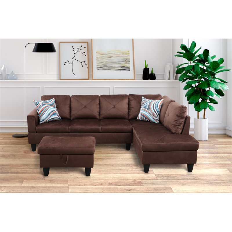 Starhome L Shaped Brown Couch with Ottoman(Pillows Included) Microfiber