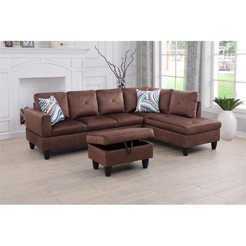 Starhome L Shaped Brown Couch with Ottoman(Pillows Included) Microfiber