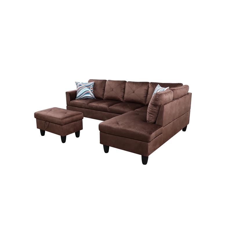 Starhome L Shaped Brown Couch with Ottoman(Pillows Included) Microfiber