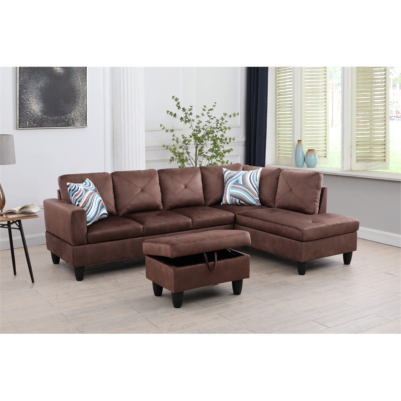 Starhome L Shaped Brown Couch with Ottoman(Pillows Included) Microfiber