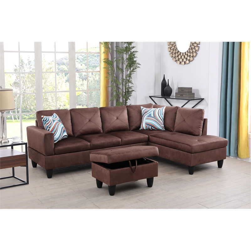 Starhome L Shaped Brown Couch with Ottoman(Pillows Included) Microfiber
