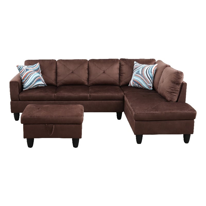 Starhome L Shaped Brown Couch with Ottoman(Pillows Included) Microfiber