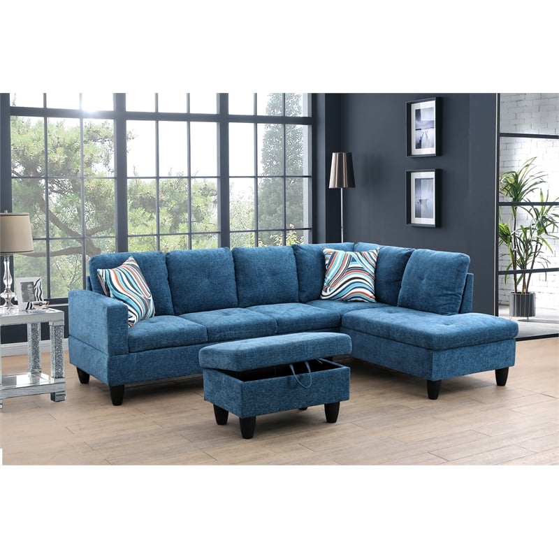 Starhome L Shaped Blue Couch with Ottoman(Pillows Included) Microfiber