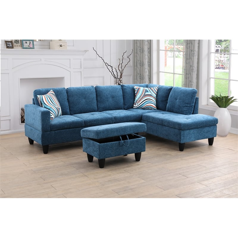 Starhome L Shaped Blue Couch with Ottoman(Pillows Included) Microfiber