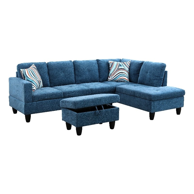 Starhome L Shaped Blue Couch with Ottoman(Pillows Included) Microfiber