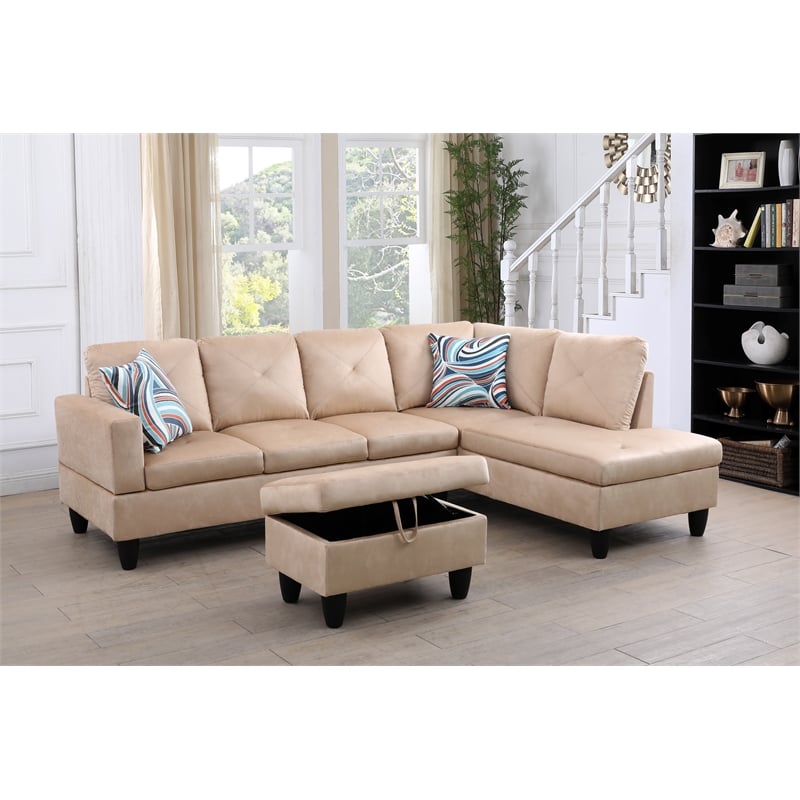 Starhome L Shaped Beige Couch with Ottoman(Pillows Included) Microfiber
