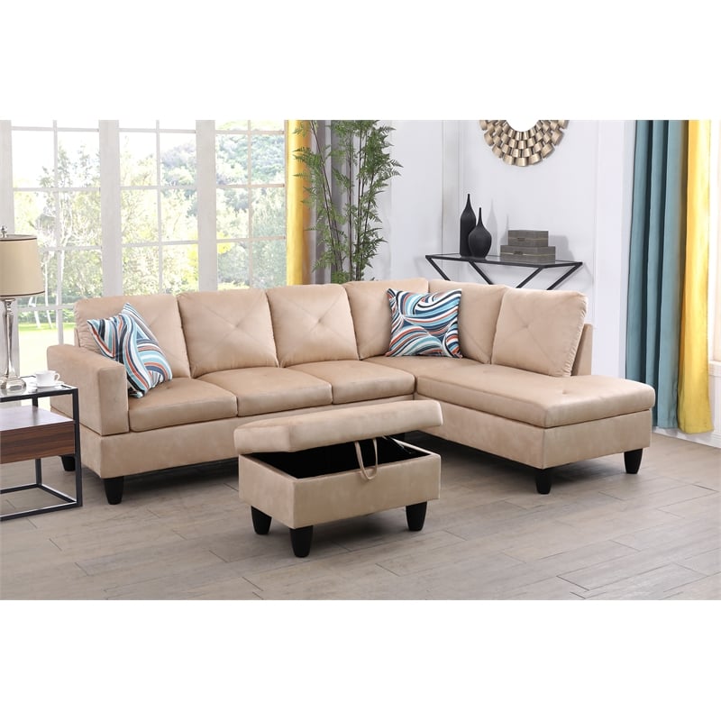 Starhome L Shaped Beige Couch with Ottoman(Pillows Included) Microfiber