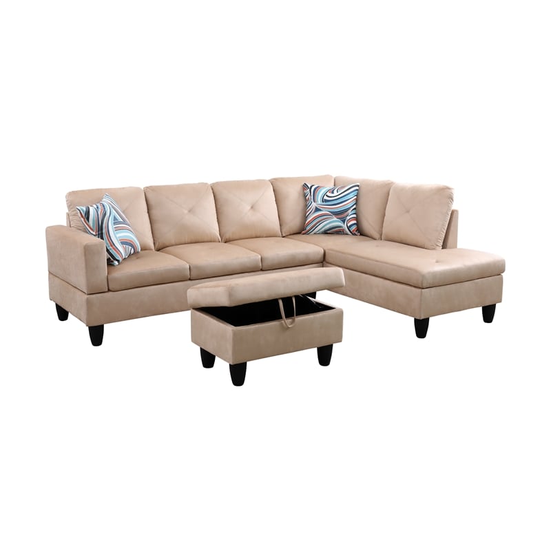 Starhome L Shaped Beige Couch with Ottoman(Pillows Included) Microfiber