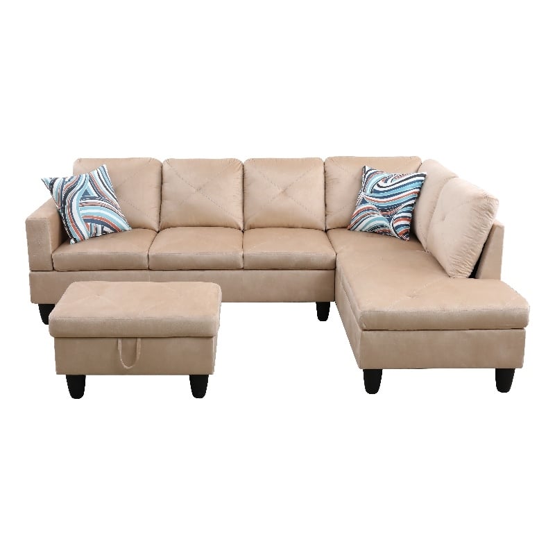Starhome L Shaped Beige Couch with Ottoman(Pillows Included) Microfiber