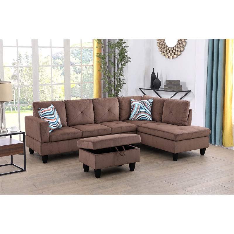 Starhome L Shaped Brown Couch with Ottoman(Pillows Included) Microfiber