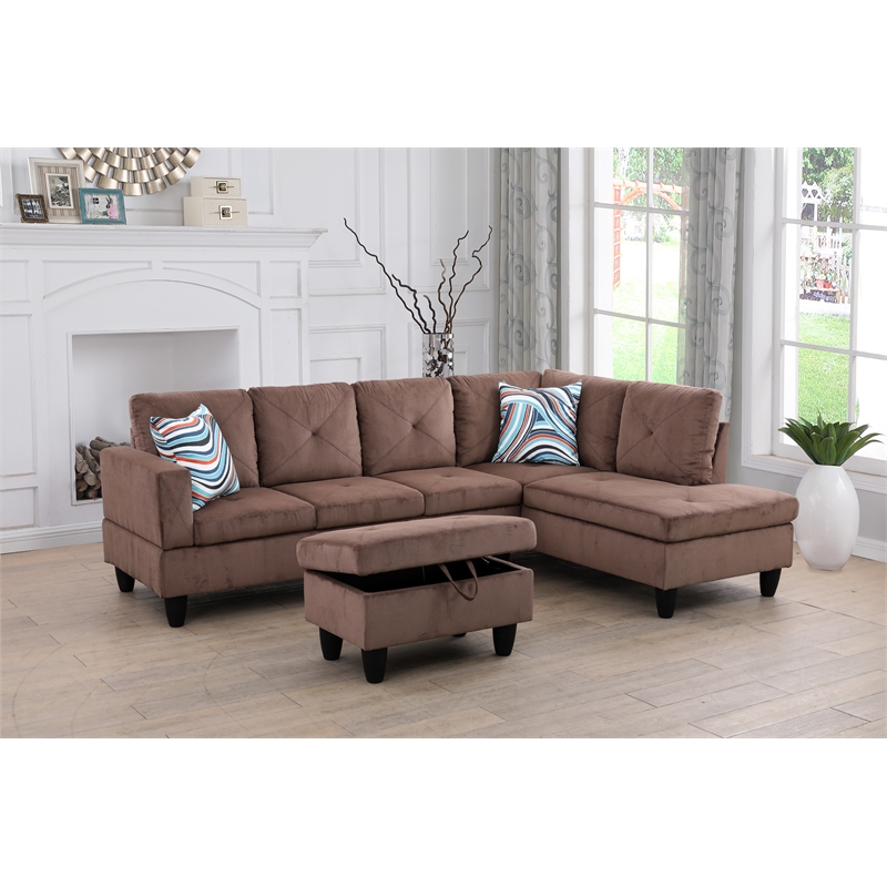 Starhome L Shaped Brown Couch with Ottoman(Pillows Included) Microfiber
