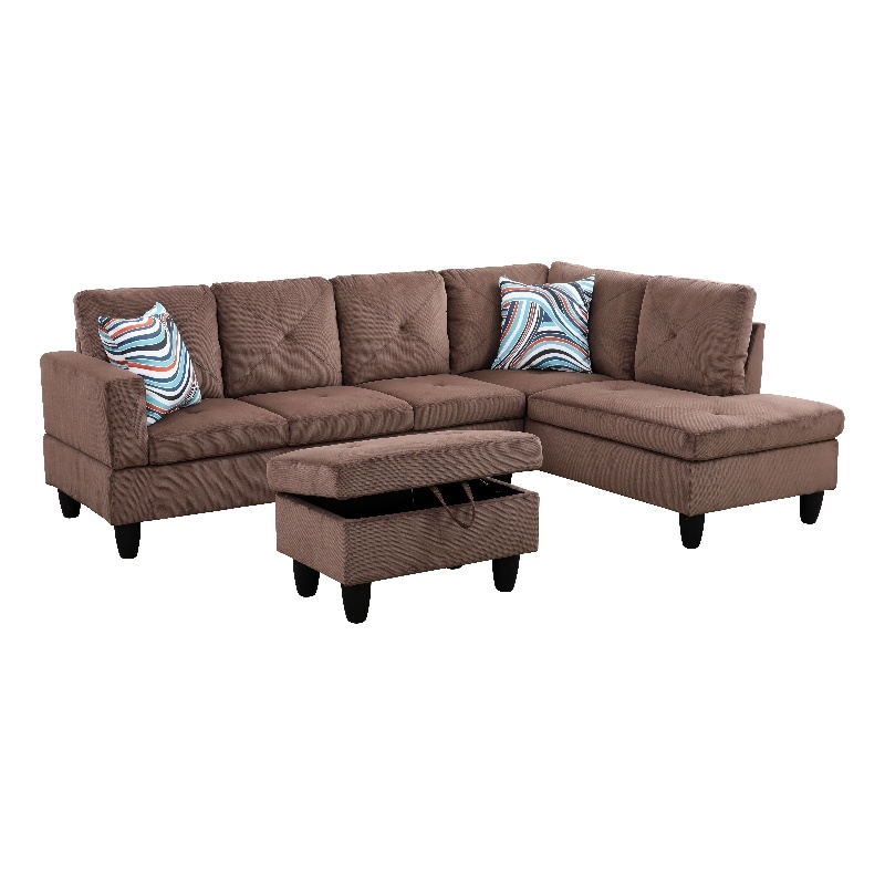 Starhome L Shaped Brown Couch with Ottoman(Pillows Included) Microfiber