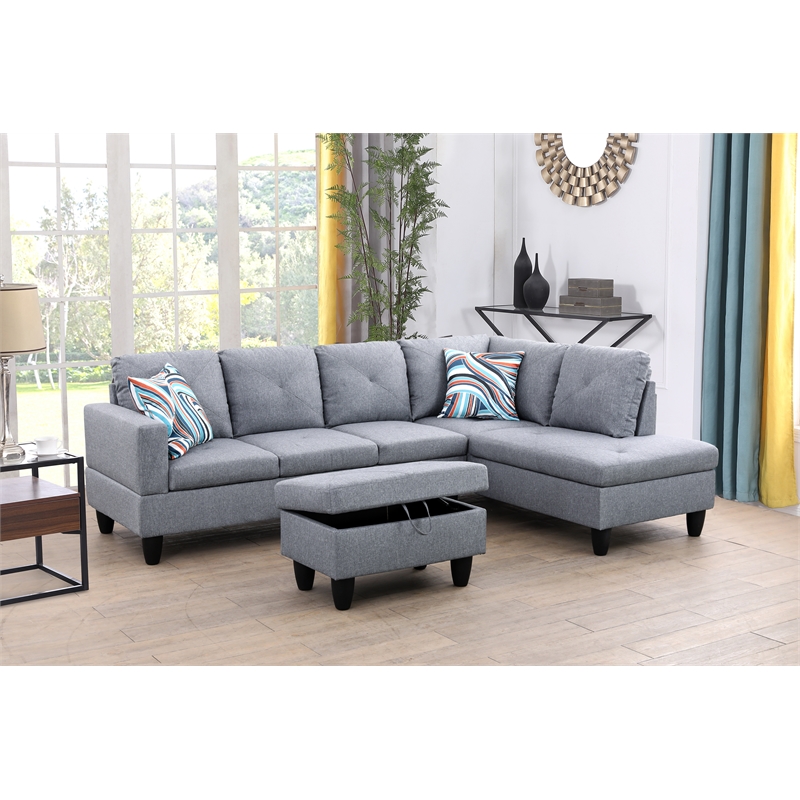 Starhome L Shaped Gray Couch with Ottoman(Pillows Included) Microfiber