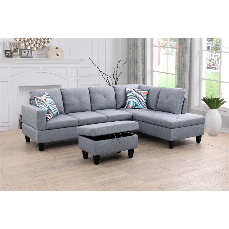 Starhome L Shaped Gray Couch with Ottoman(Pillows Included) Microfiber