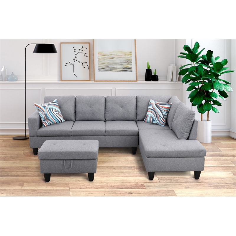Starhome L Shaped Gray Couch with Ottoman(Pillows Included) Microfiber