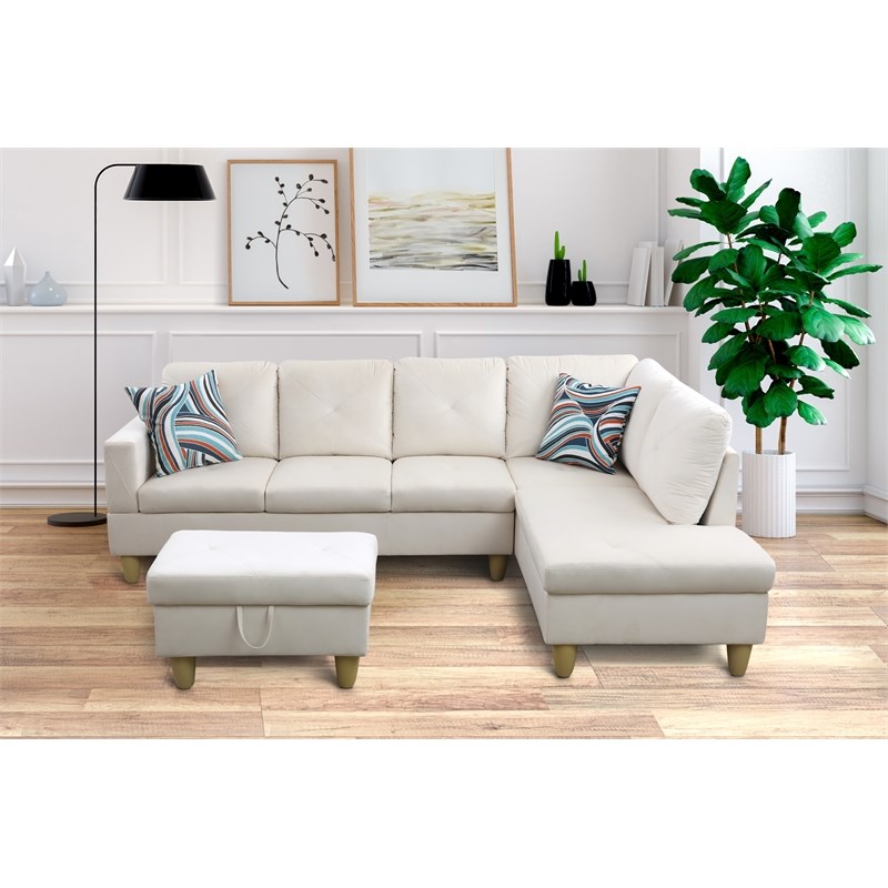 Starhome L Shaped White Couch with Ottoman(Pillows Included) Microfiber