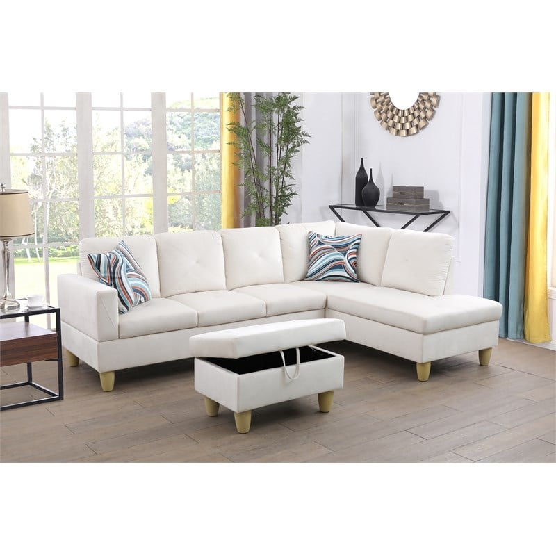 Starhome L Shaped White Couch with Ottoman(Pillows Included) Microfiber